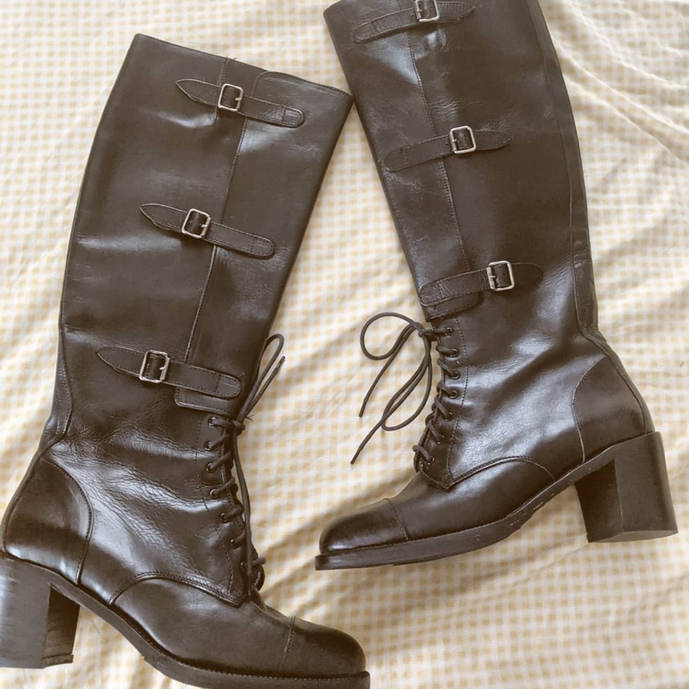 17" Joan and David black chunky leather boots